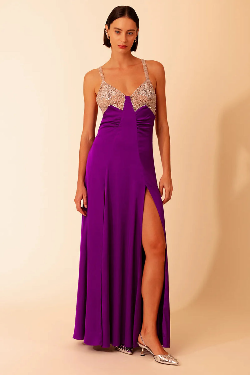 VESTIDO LONGO FRANZIDO CETIM MILAGRE MOOD ROXO 