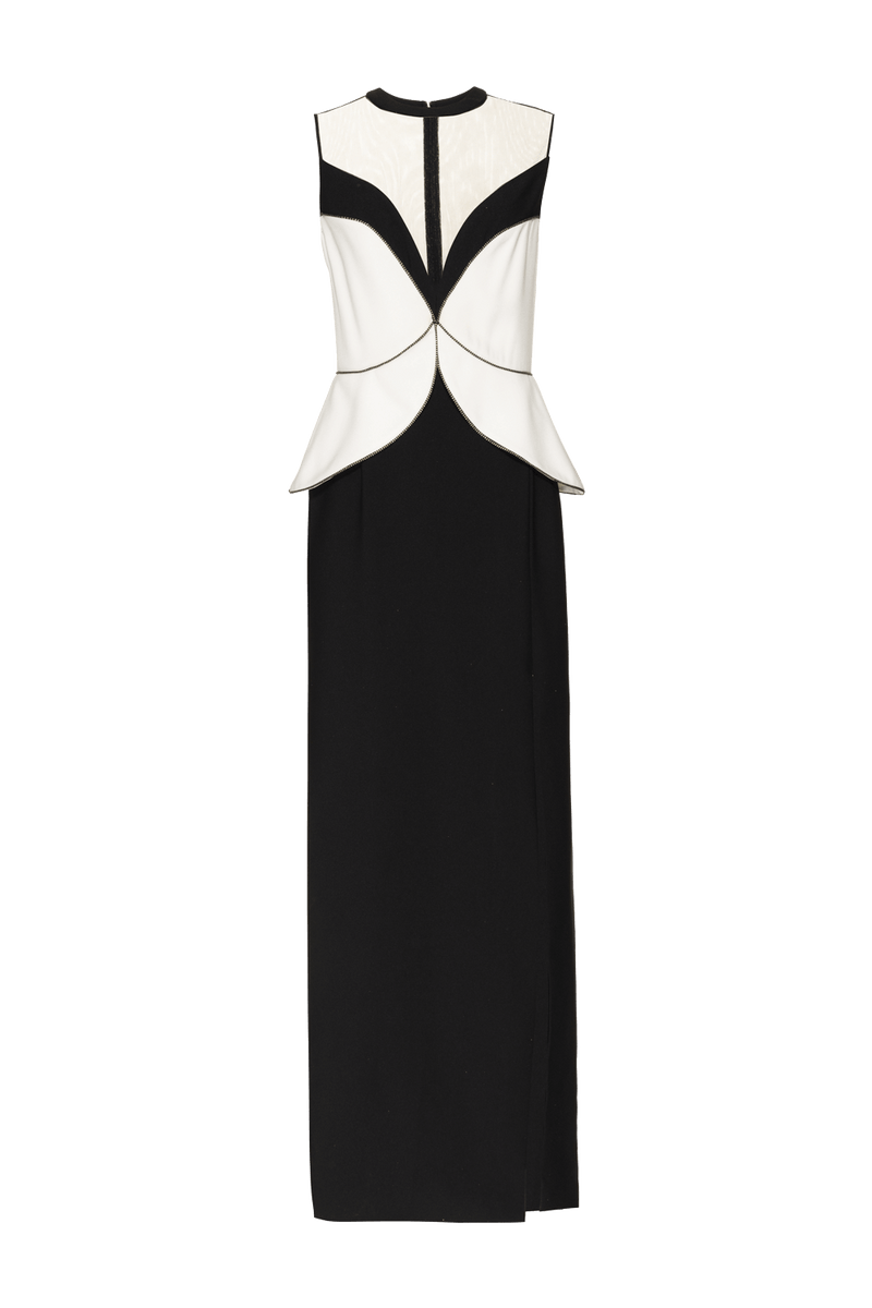 VESTIDO LONGO BICOLOR CREPE DUAL DREAM OFF WHITE E PRETO