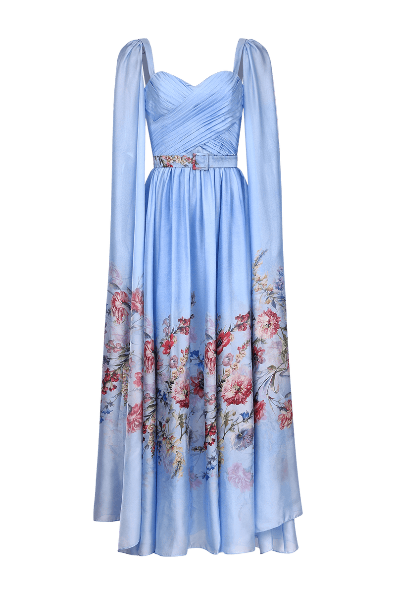 VESTIDO LONGO MANGA REMOVÍVEL CETIM FLORAL MURAKAMI AZUL 