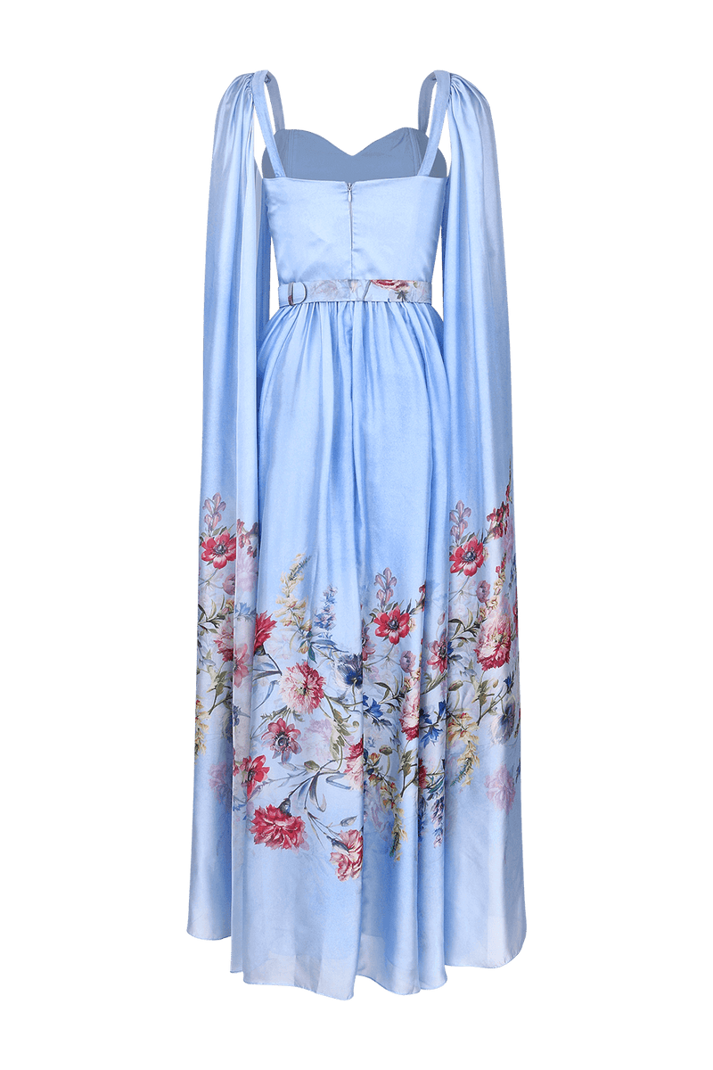 VESTIDO LONGO MANGA REMOVÍVEL CETIM FLORAL MURAKAMI AZUL 