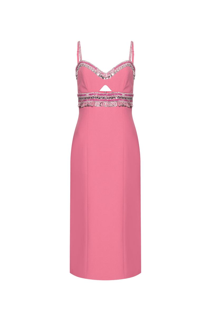 VESTIDO MÍDI BORDADO CREPE JOYFUL ROSA 